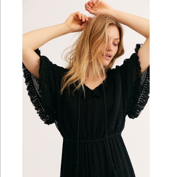 Free People Lace Knit Kimono Scallop Tassel Black Plunging Maxi Dress NWT - Picture 4 of 4